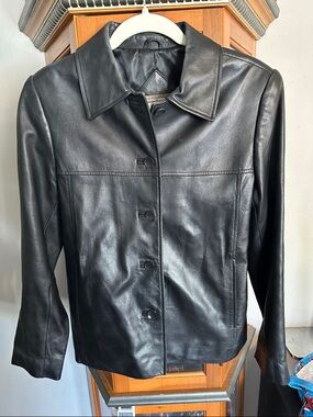Valerie Stevens Black Genuine Lamb  Leather Button-Front Jacket